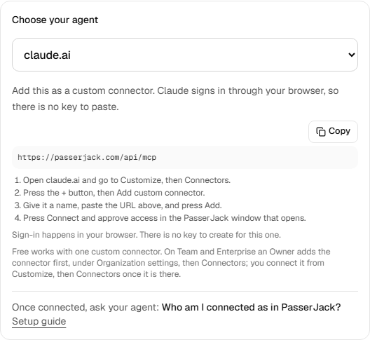 The PasserJack Agents panel in Settings, with an agent selector and setup instructions for the selected client.