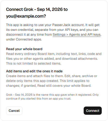 The PasserJack consent screen, naming the app asking for access and the permissions it is asking for.